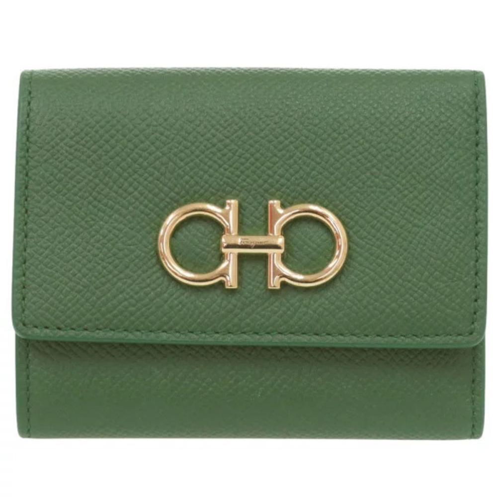 Salvatore Ferragamo Compact Wallet Gancini Leather Green Tri fold